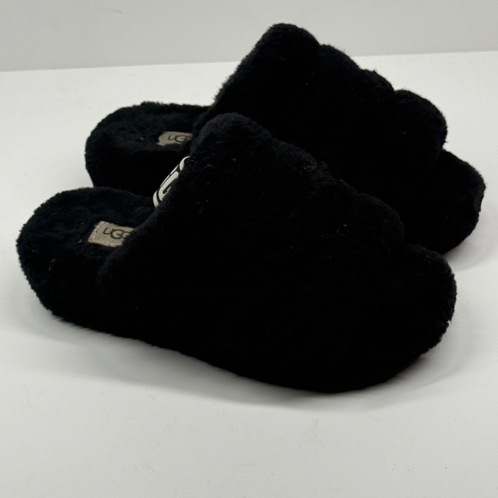 UGG Fluff Yea Slide Slippers Black Sheepskin Open Toe Indoor Comfort Size 6